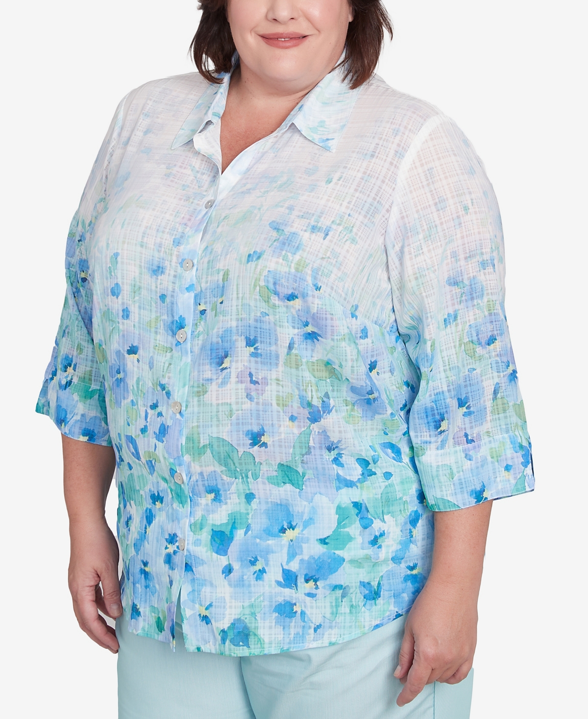 Alfred Dunner Plus Size St. Thomas Border Floral Button Down Top In Sky Blue Multi