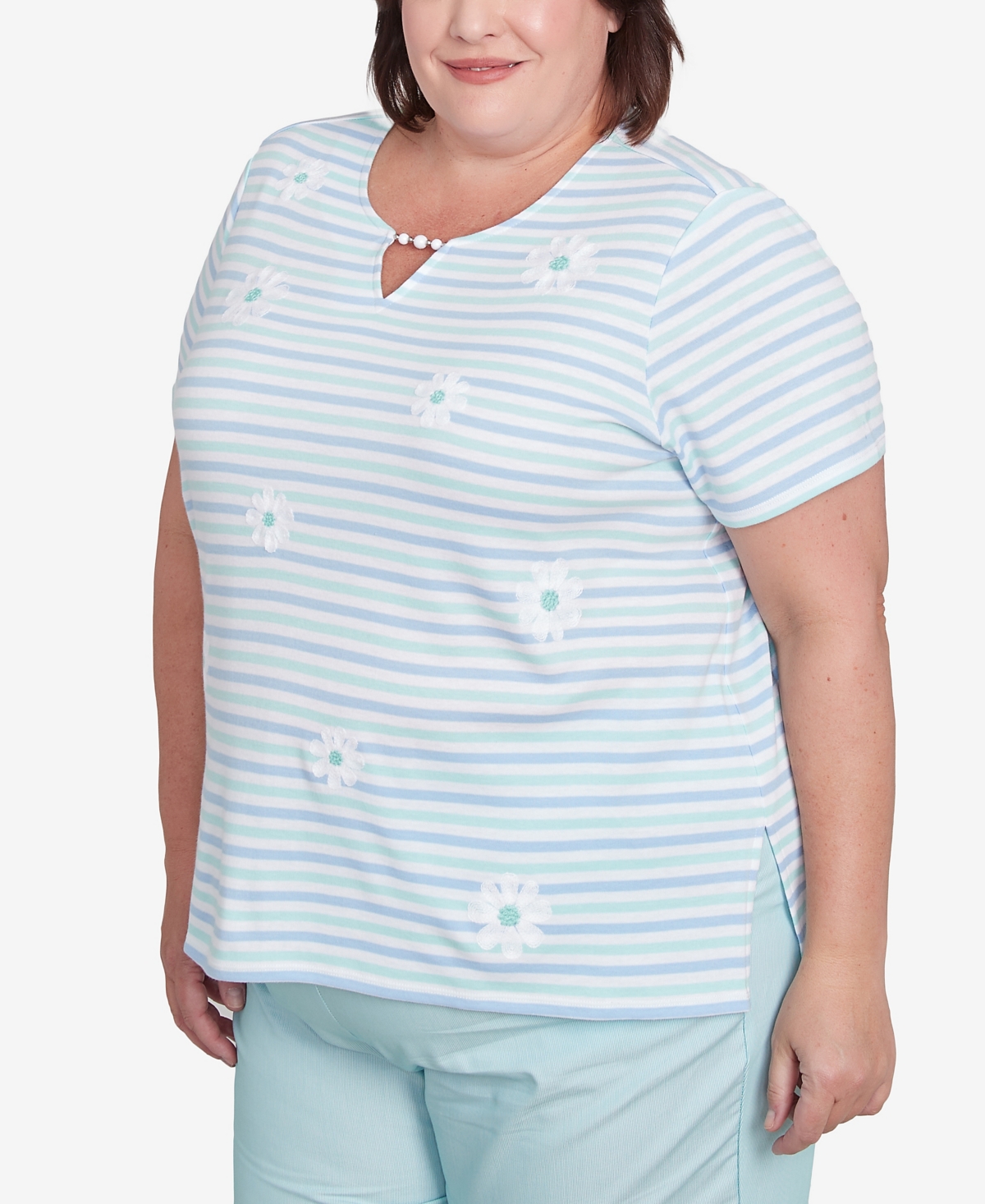 Alfred Dunner Plus Size St. Thomas Embroidered Daisy Striped Top In Mint Multi