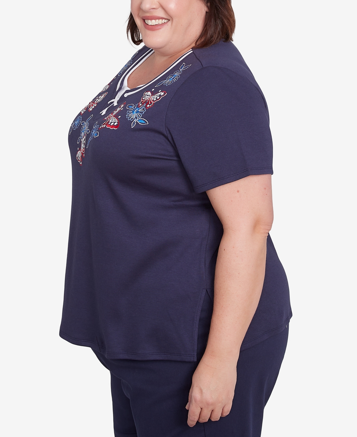 Alfred Dunner Plus Size Land Of The Free Butterfly Criss-cross Crew Neck Top In Navy