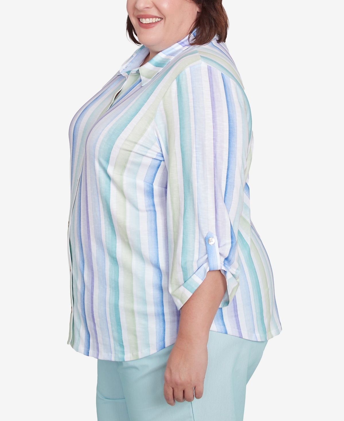 Alfred Dunner Plus Size St. Thomas Island Mint Stripe Knit Button Front Top In Mint Multi