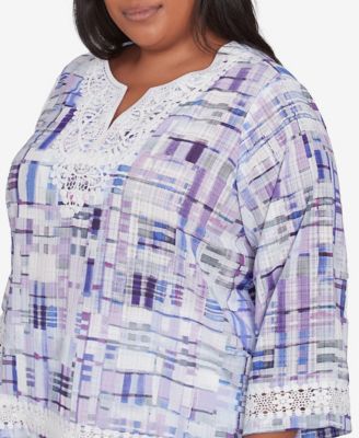 Plus Size Crystal Springs Watercolor Plaid Lace Neck Top