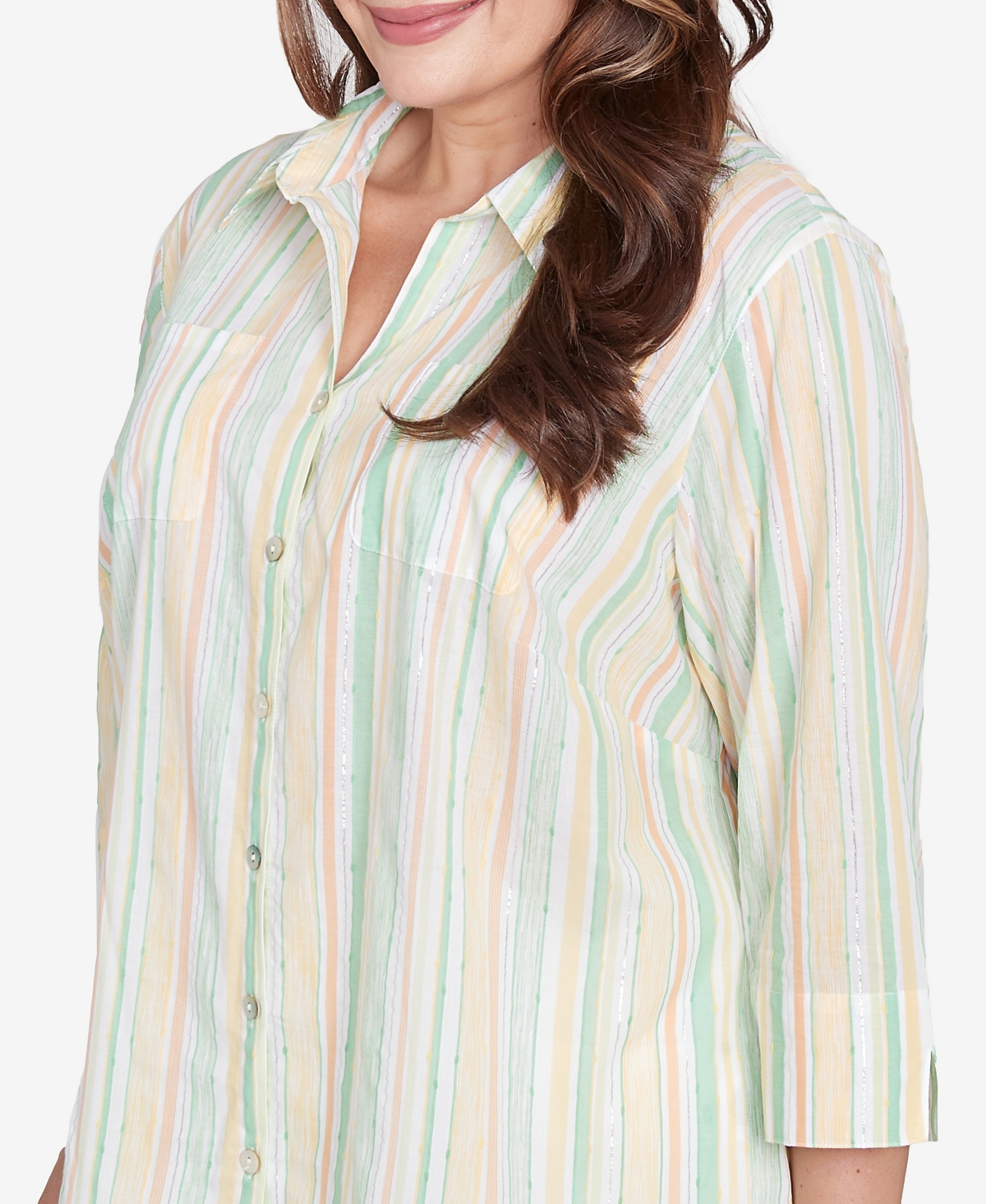 Alfred Dunner Plus Size Rise And Shine Sunny Stripes Button Down Top In Lime Multi