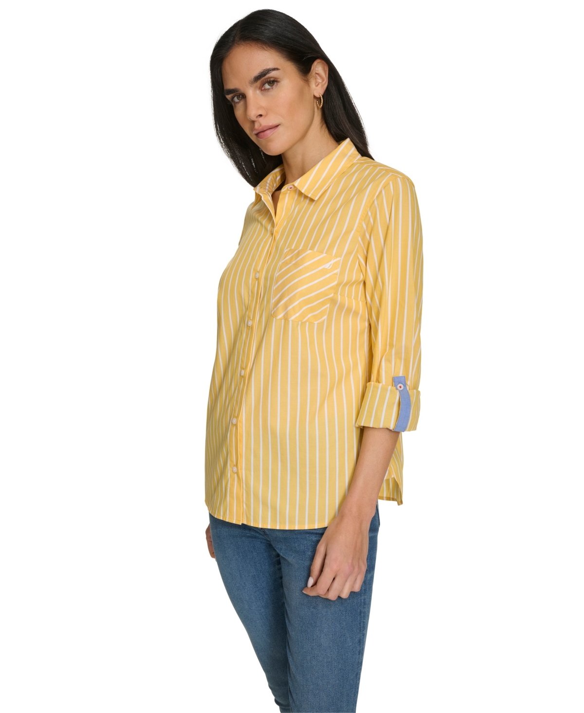 Nautica Jeans Women's Sail Stripe Roll Tab Top In Golden Rod,bright White