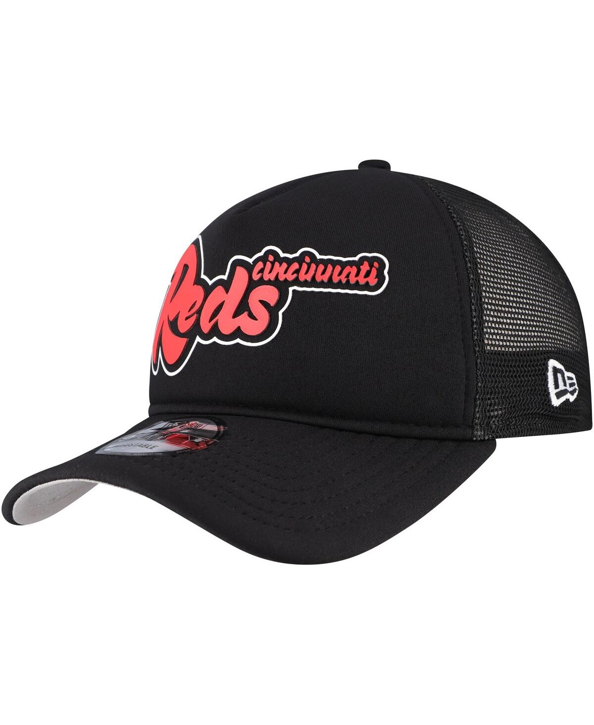 New Era Men's Black Cincinnati Reds Retro Bold A-frame Trucker 9forty Adjustable Hat In Black