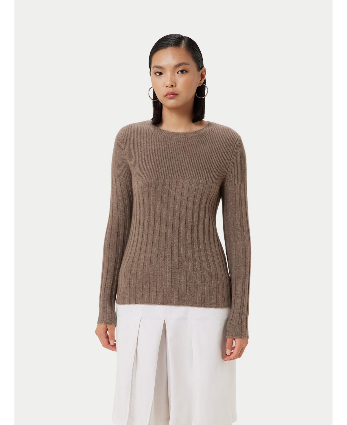 Women's Rib-Knit Cashmere Crew Neck Sweater - Neutral-timber wolf