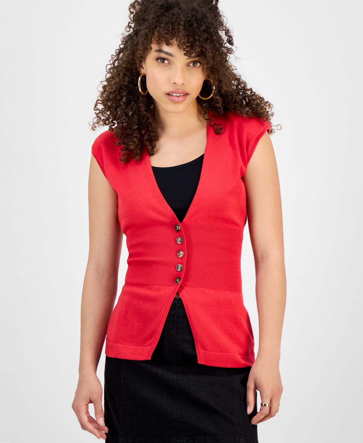 Women's Petite Sleeveless Button-Front Knit Vest - Red