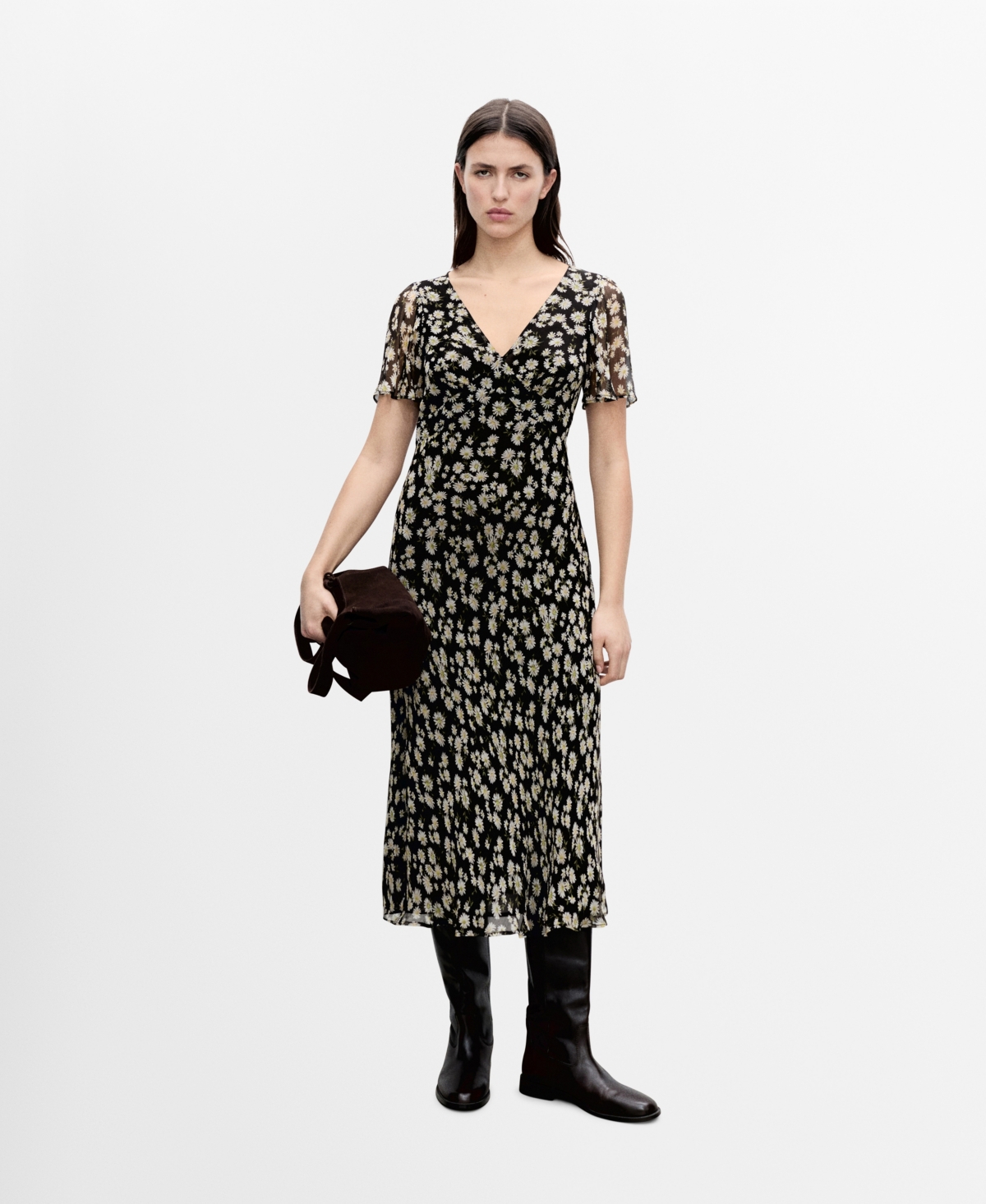 Mango Floral Print Midi Dress In Black