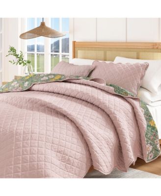 Cotton Stitched Reversible Floral 3 Piece Quilt and Sham Set