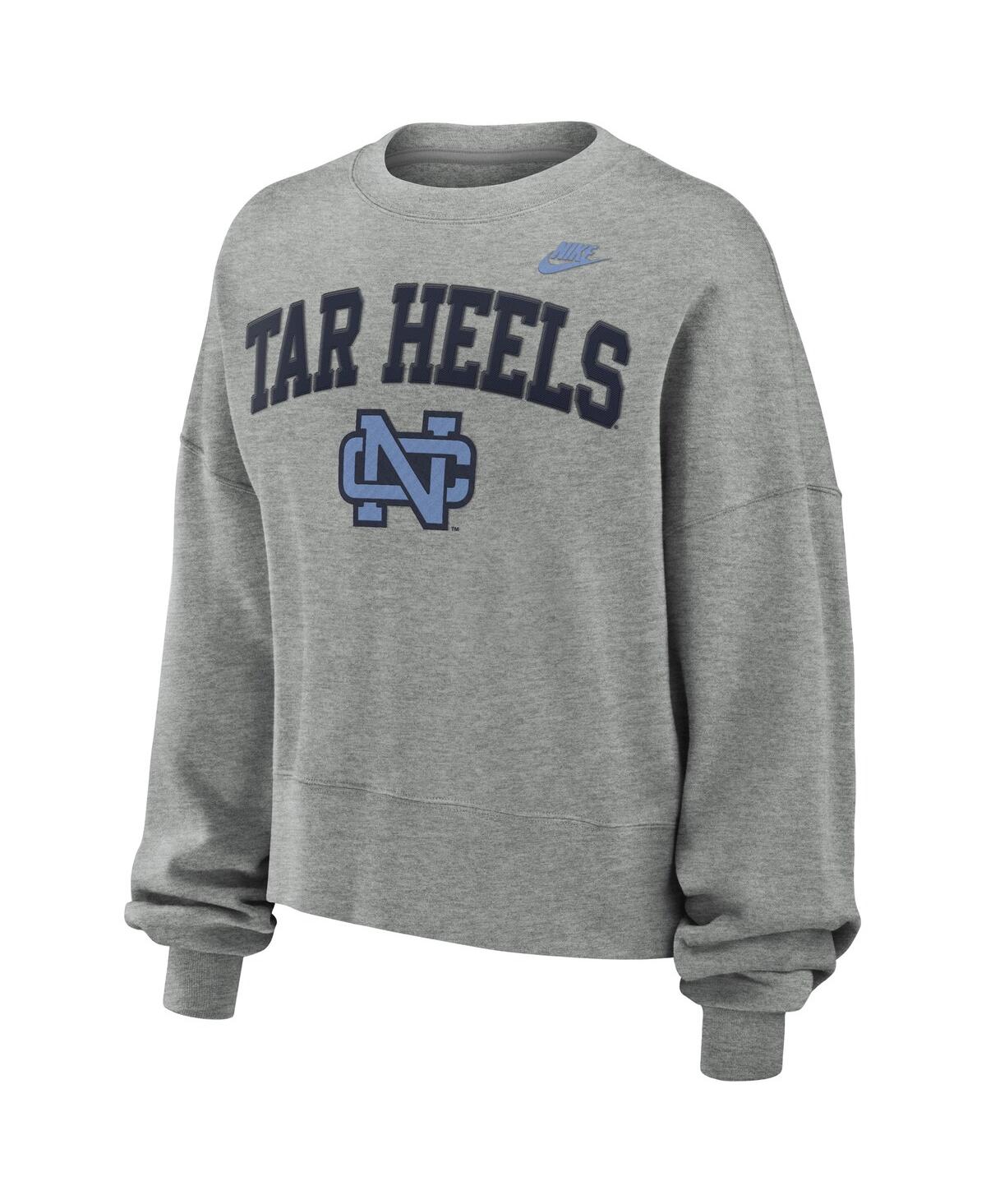 NIKE WOMEN'S HEATHER GRAY NORTH CAROLINA TAR HEELS LEGACY FLEECE CLASSIC ARCH OVERSIZED CROPPED TACKLE TW 