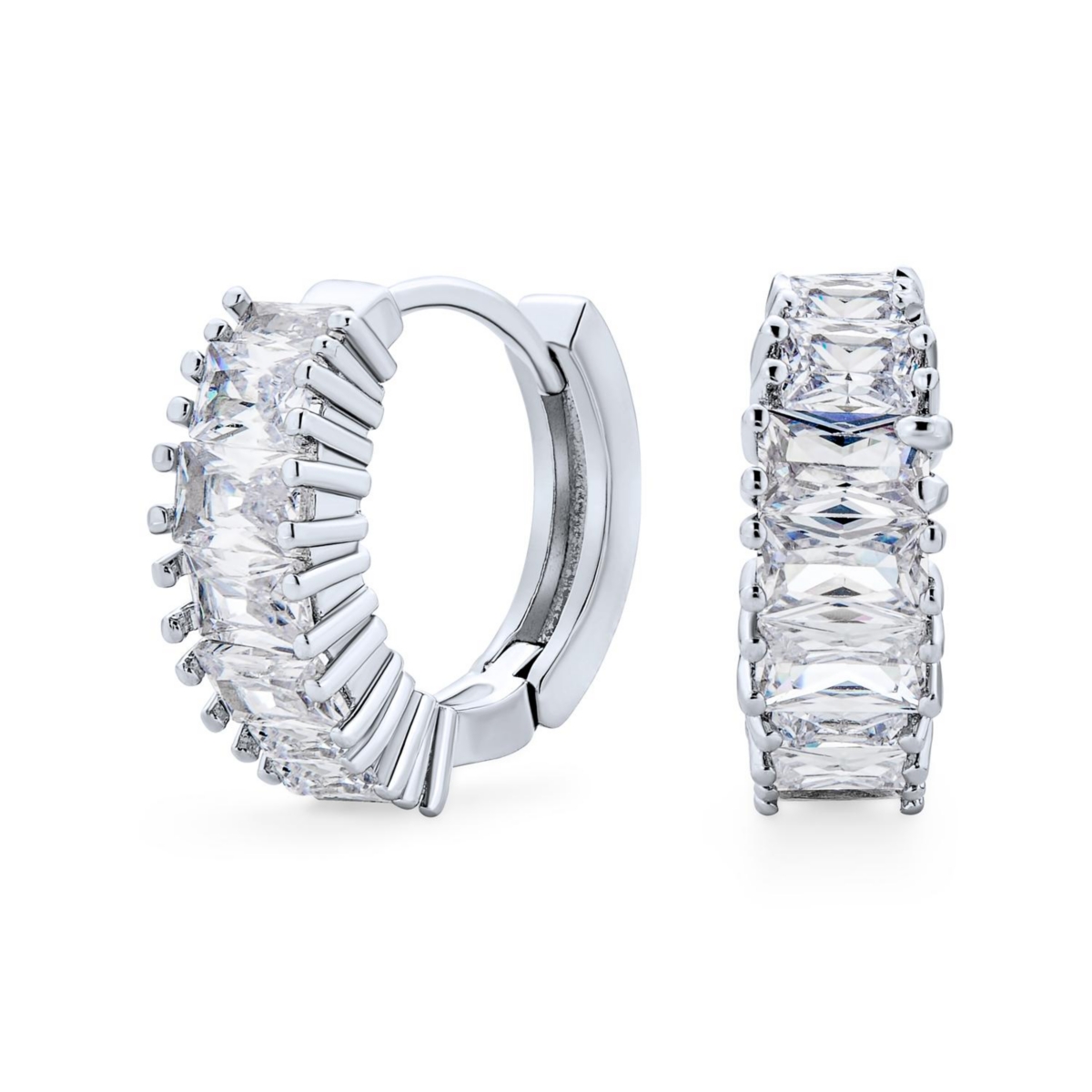 Bling Jewelry Cz Emerald Cut Milgrain Edge Cubic Zirconia Mini Hoop Huggie Earrings Yellow Gold Plated 0.5 Inch Diameter - Silver tone