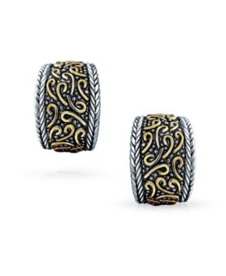 Bali Style Swirl Two Tone Wide Half Hoop Clip On Earrings Non Pierced Ears Black Oxidized Sliver Gold Plated Brass