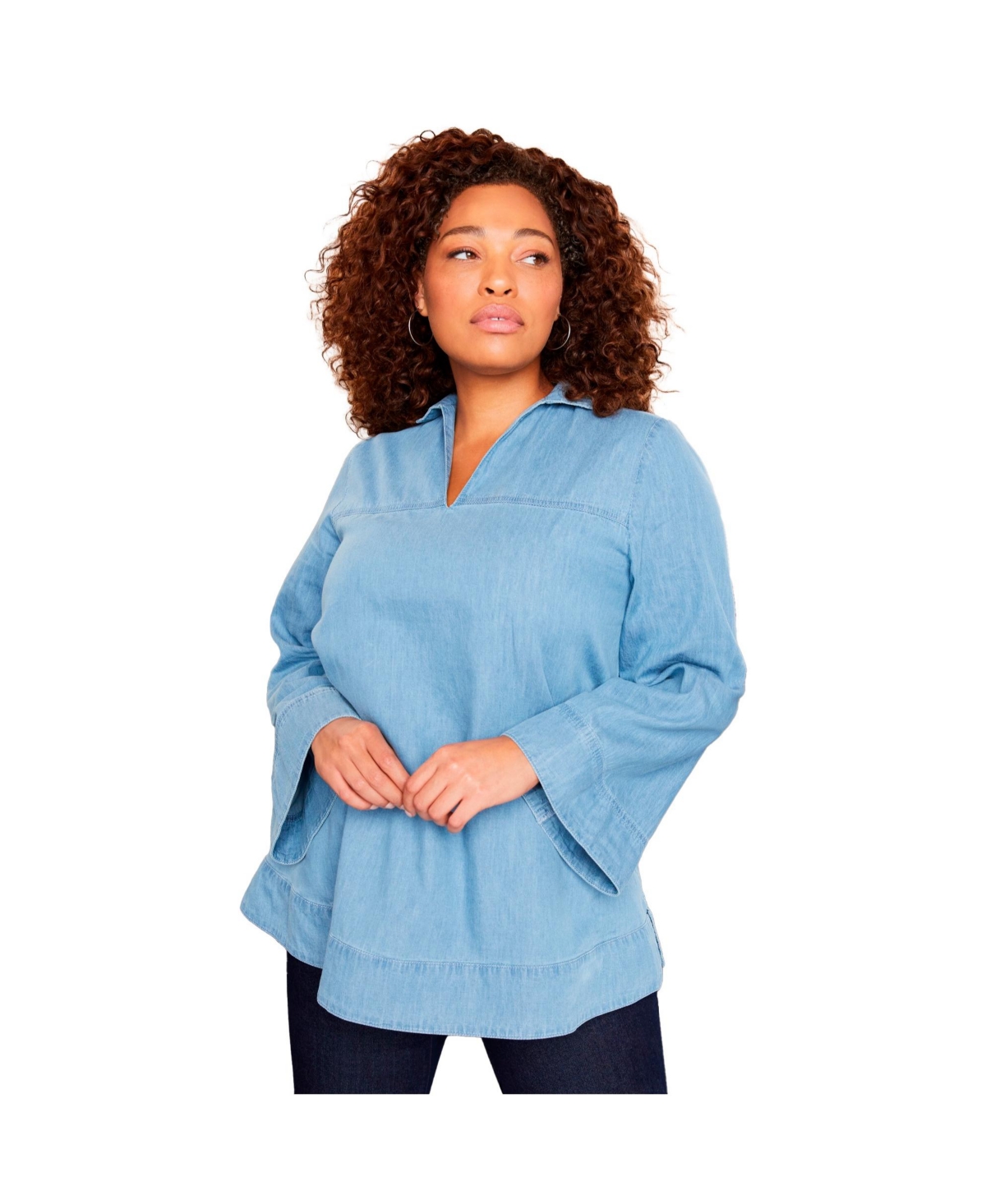 Plus Size June + Vie Cotton Denim Blouse - Light wash