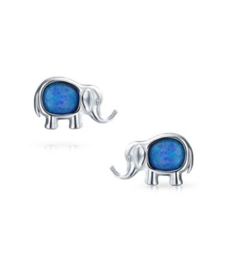 Lucky Dainty Created White Blue Opal Zoo Animal Lover Good Luck Elephant Dangle Stud Earrings .925 Sterling Silver Lever Back