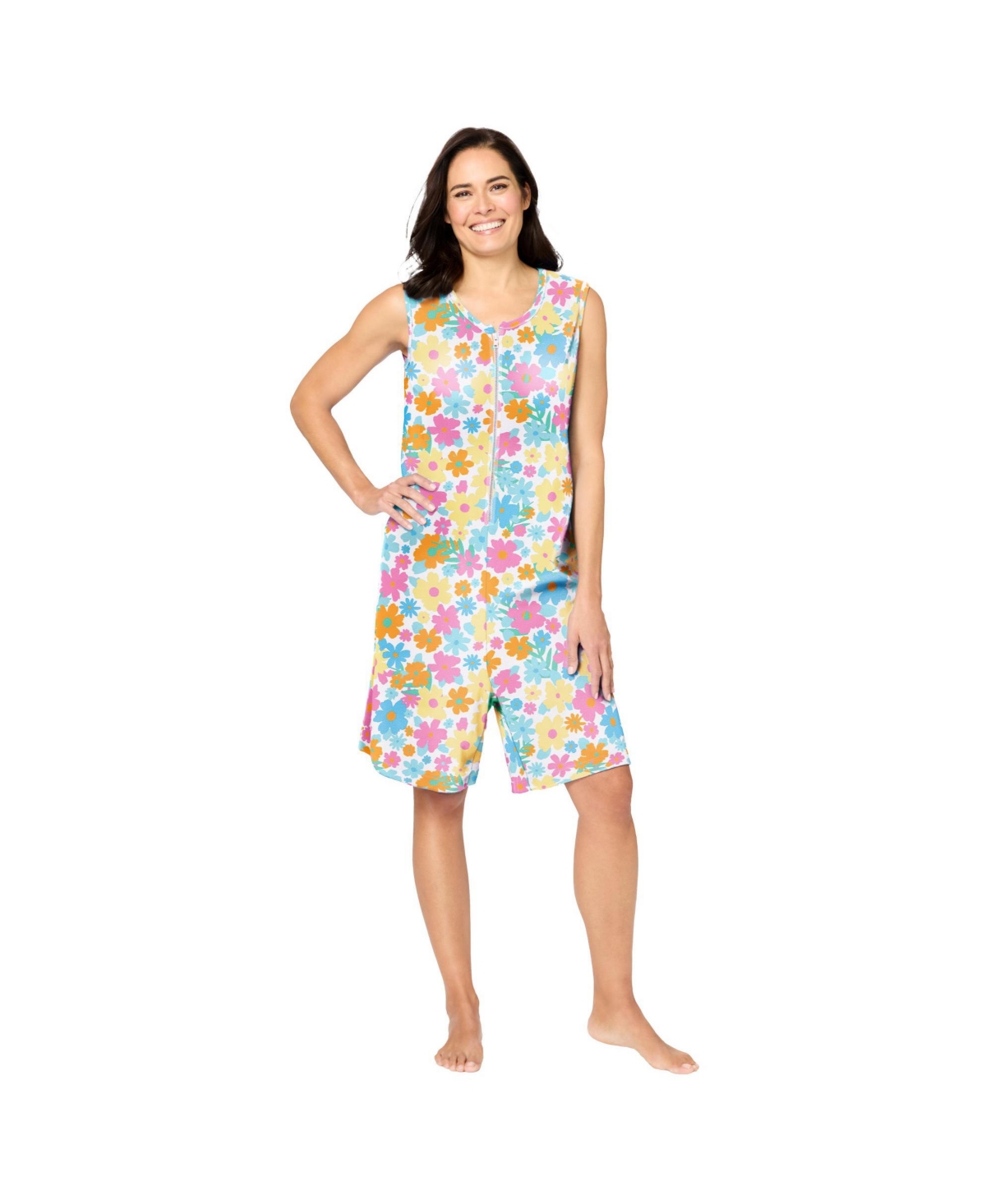 Plus Size Zip-Front Terry Romper - White multi floral