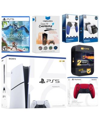 Playstation 5 Slim Disc with Horizon Forbidden West, Extra Gray Camo Controller, Trigger Stop Kit, Charge Dock and MightySkins Decal Voucher + 2