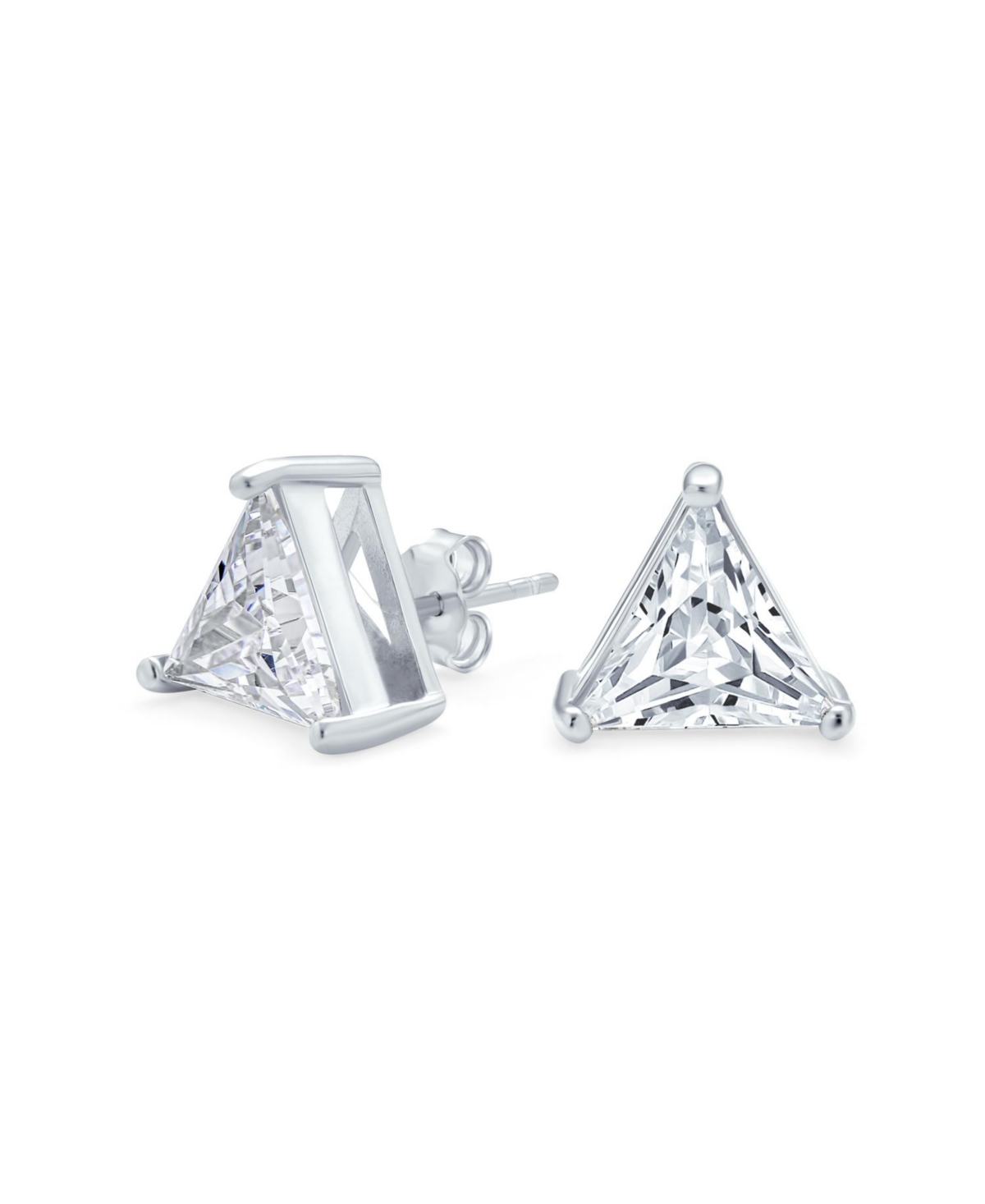 Triangle Shape Cubic Zirconia Cz Trillion Cut Stud Earrings Yellow Gold Plated .925 Sterling Silver 3 Prong Set - Silver