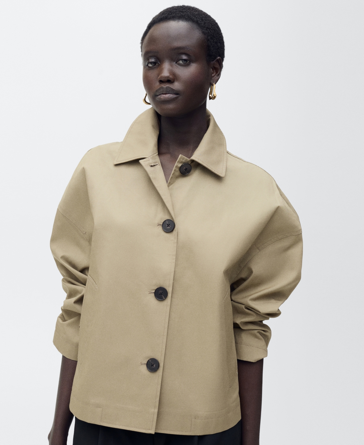Mango Straight Cotton Jacket With Buttons Khaki In Khaki