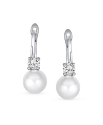 Classic Elegant CZ Accent Glass Simulated Pearl Ball Drop Earrings Hinge Closure Plated