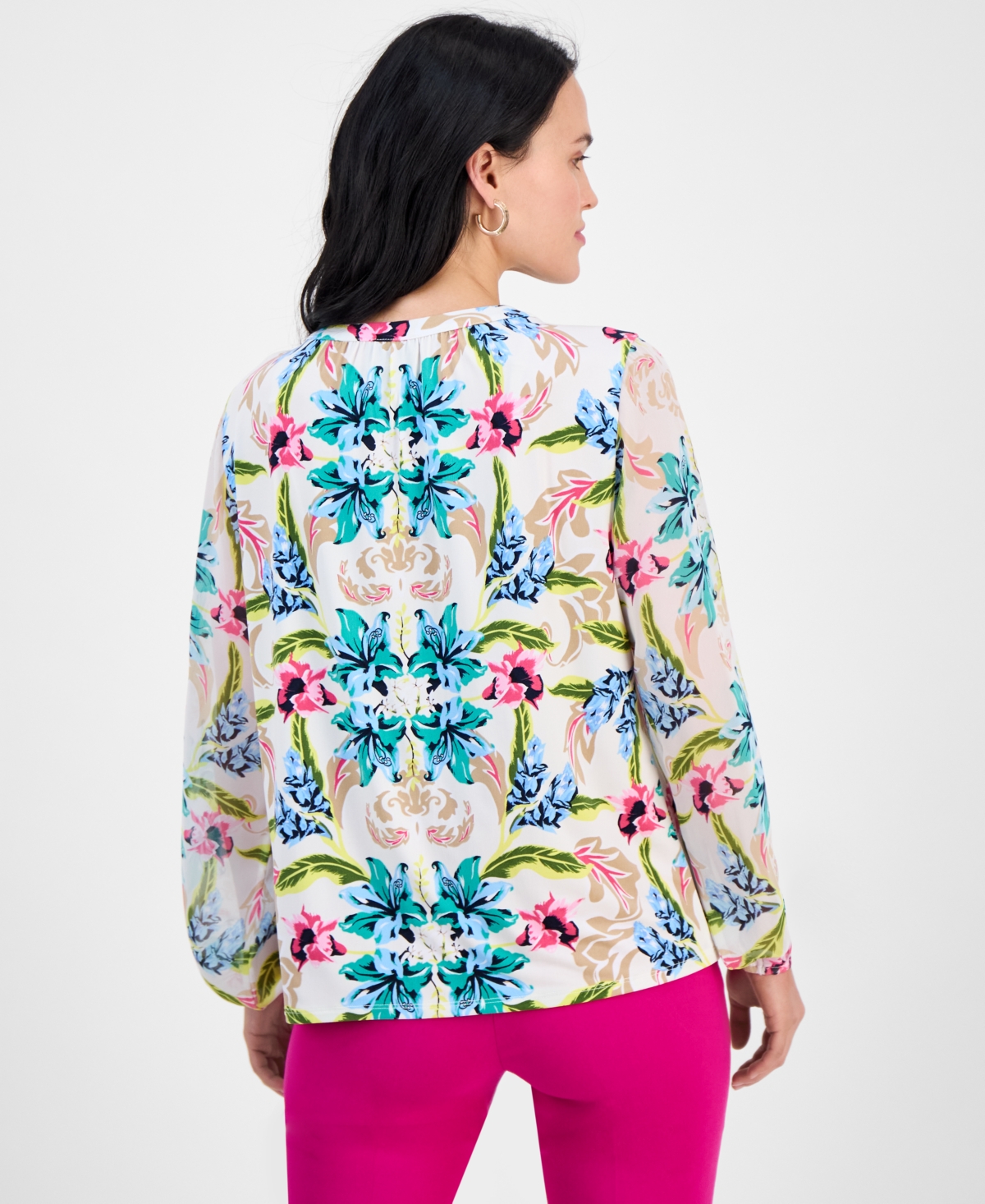 JM COLLECTION PETITE BALI ESCAPE PRINTED BLOUSON-SLEEVE BLOUSE, EXCLUSIVELY AT MACY'S 