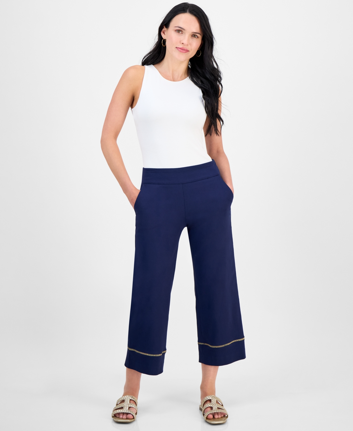 Petite Pull-On Wide-Leg Metallic-Trim Pants, Exclusively at Macy's - Magnolia Blossom