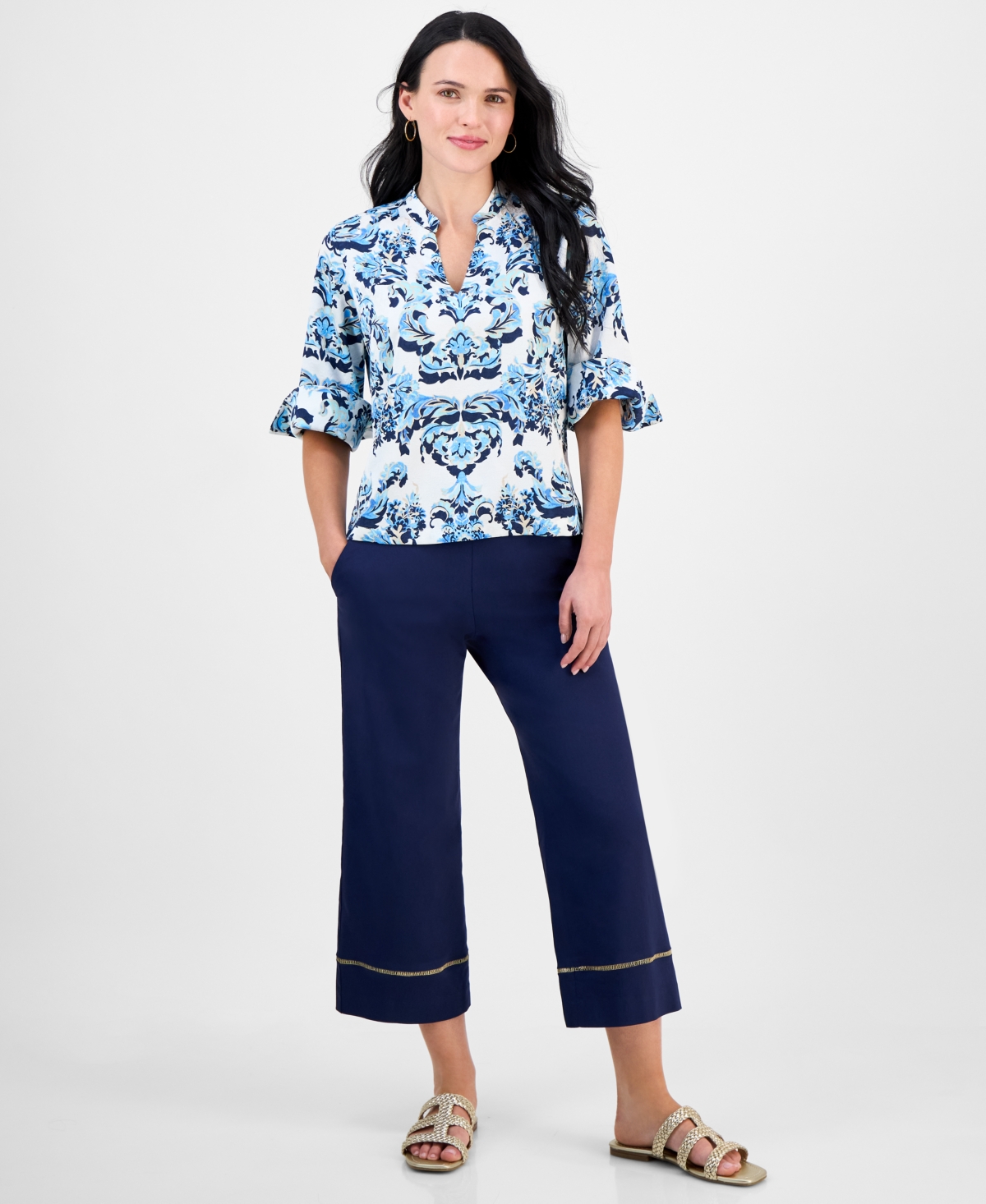 Jm Collection Petite Floral-print Split-neck Cuffed-sleeve Top, Exclusively At Macy's