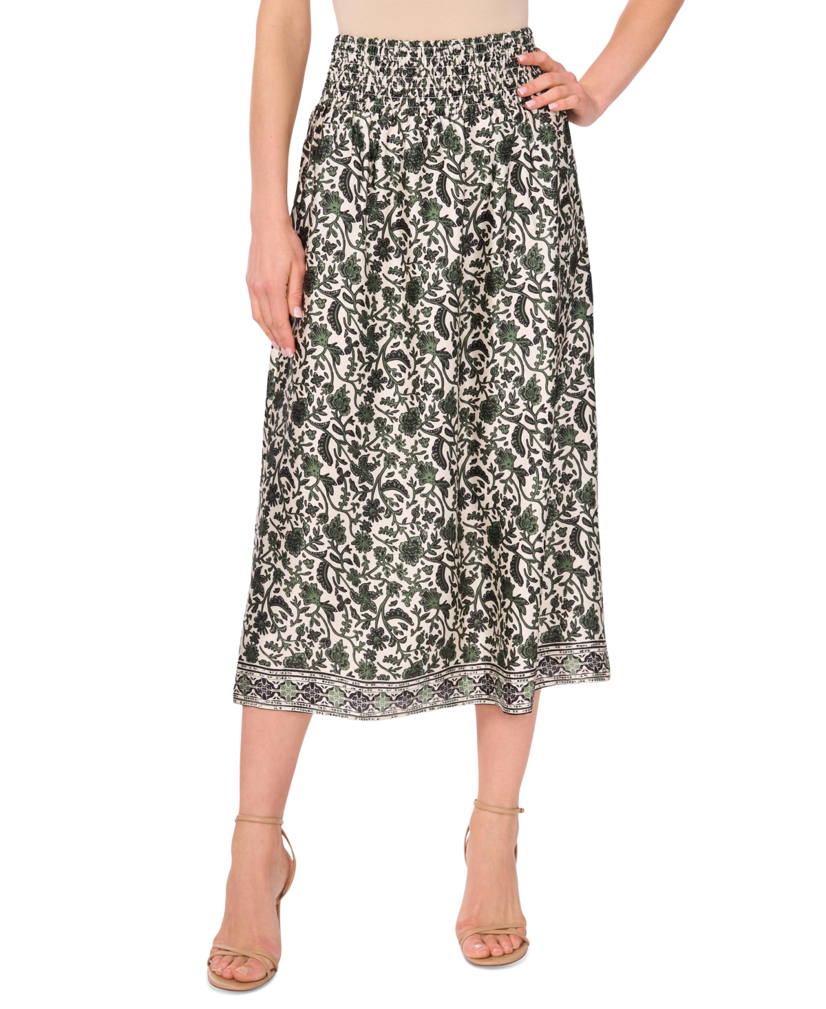 Women's Floral-Print Smocked-Waist Skirt - Dark Green