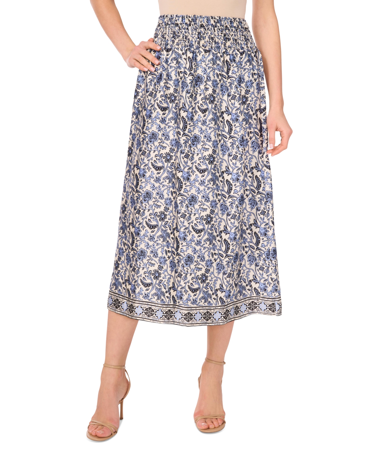 Women's Floral-Print Smocked-Waist Skirt - Dark Green