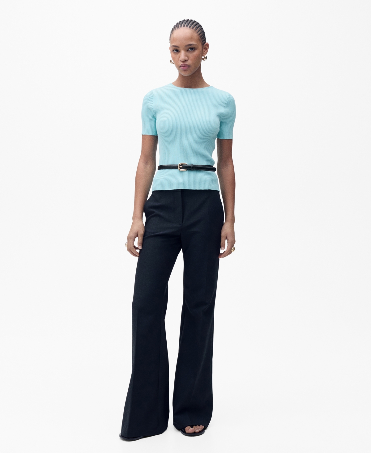 Mango Ribbed Short Sleeve Sweater With Back Opening In Turquoise