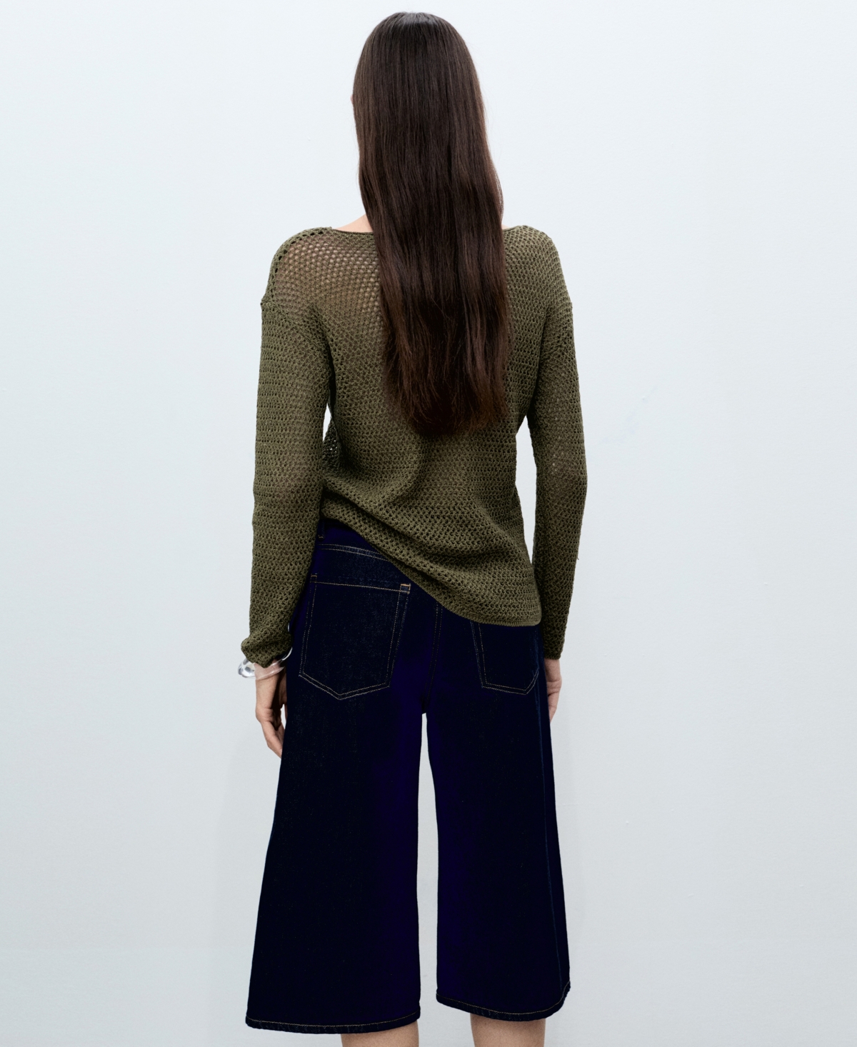 Mango Openwork Knit Boat Neck Sweater Khaki In Khaki