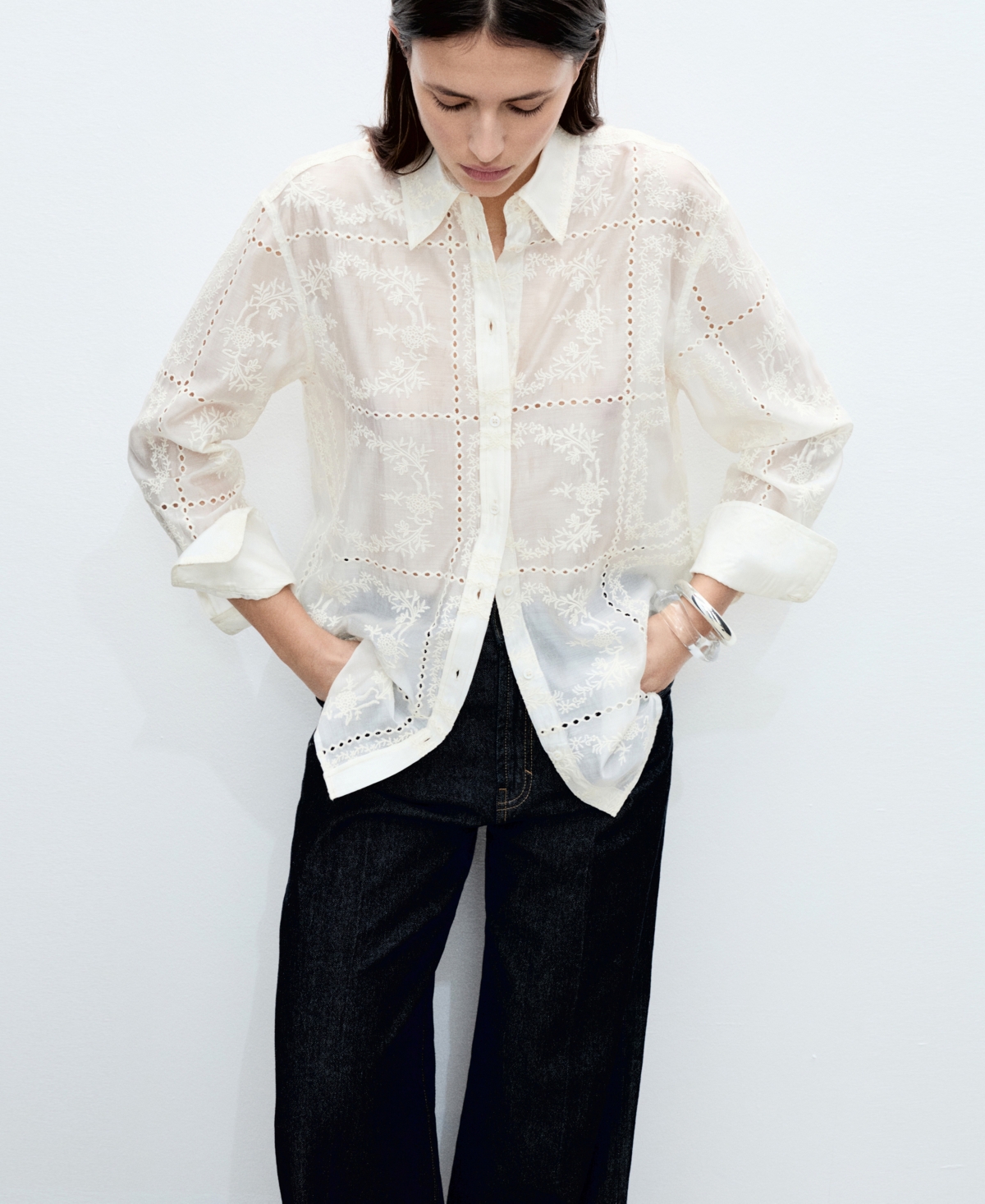 Mango Women's Floral Embroidery Lyocell Shirt In Ecru