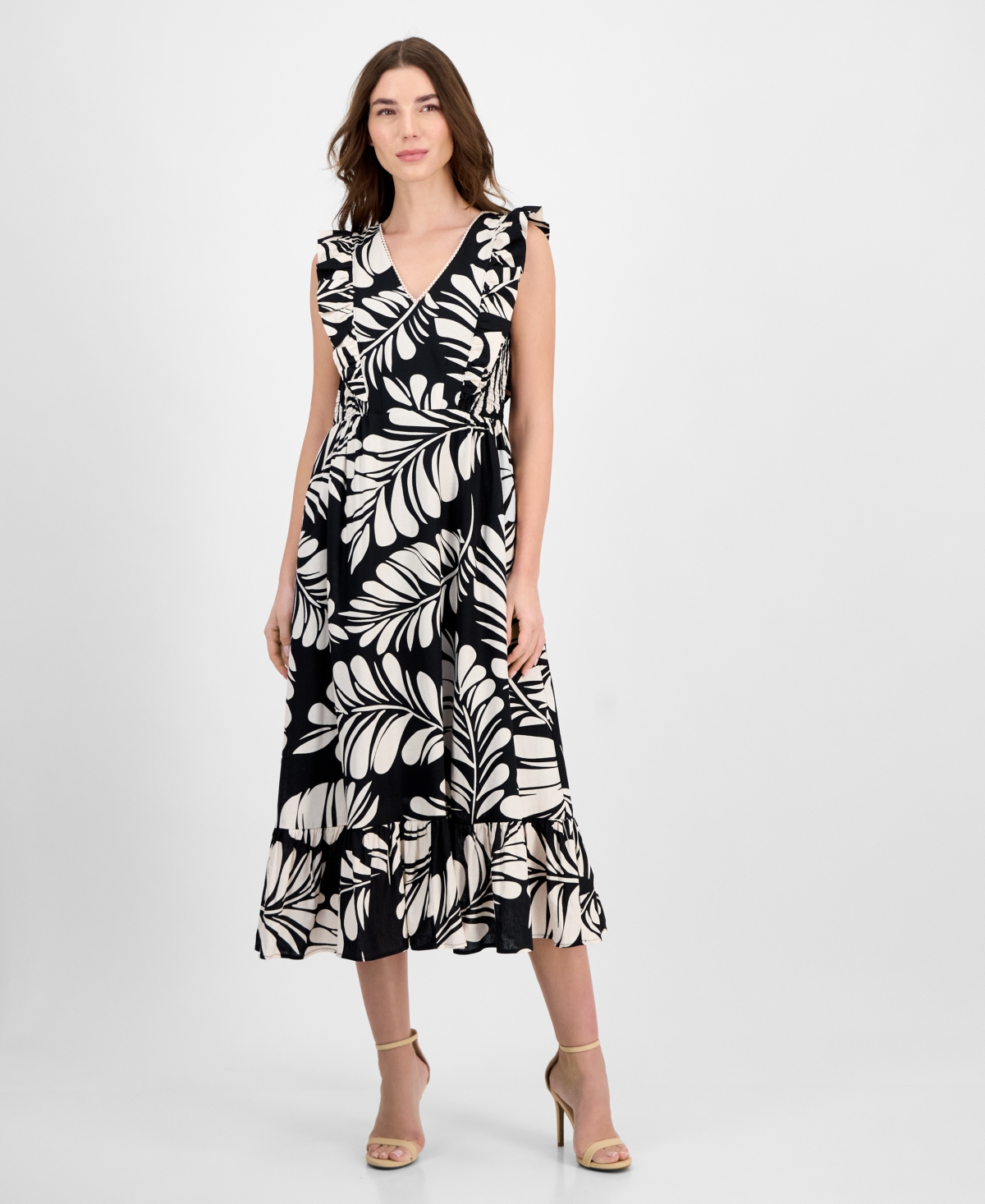 Anne Klein Plus Size Printed V-neck Ruffled Midi Dress In Black