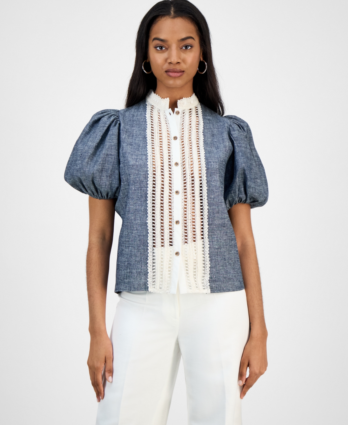 Women's Evita Denim and White Lace Blouse - Chambray