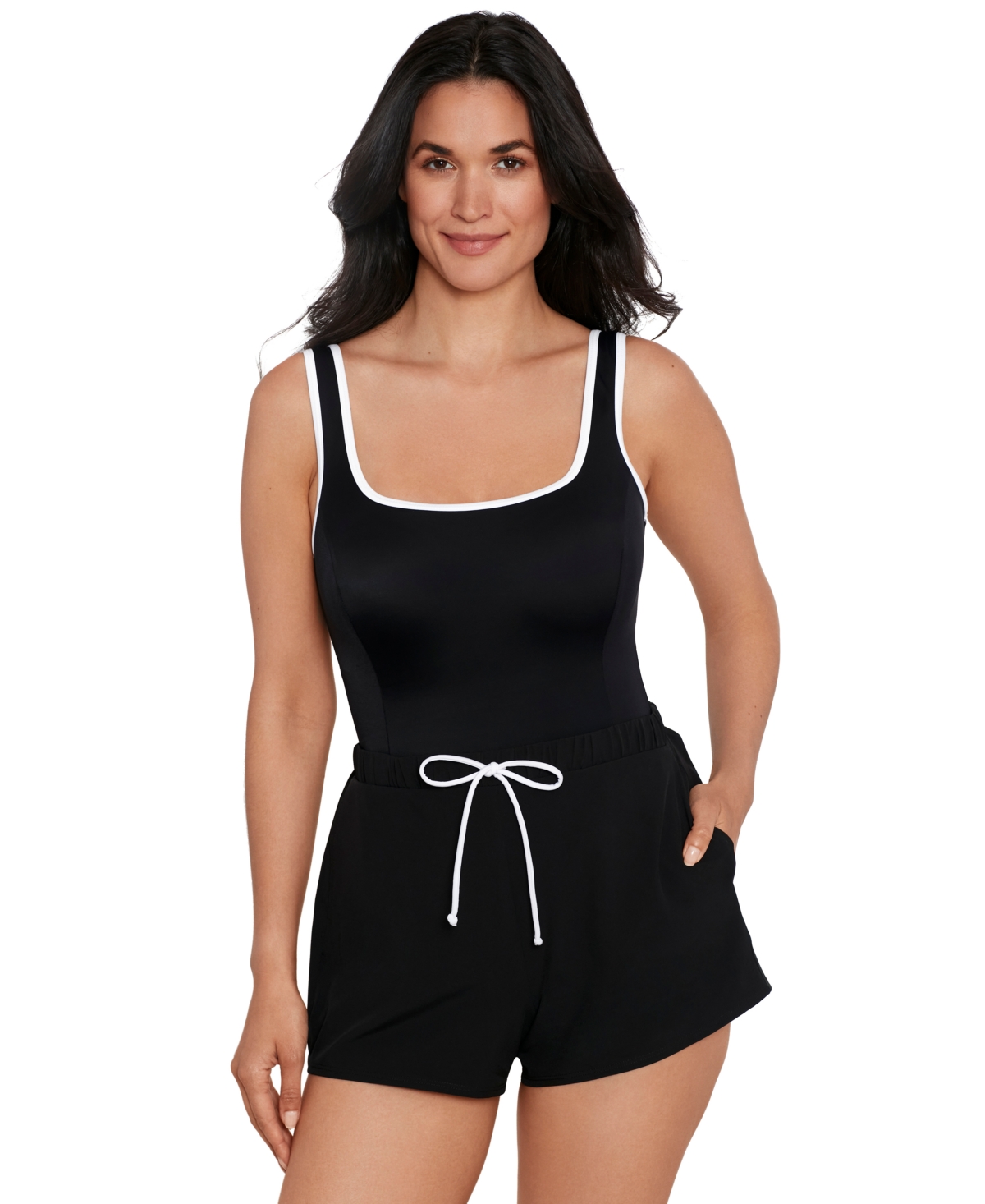 Shape Solver Sport by Mimi Flamingo Women's Colorblocked One-Piece Romper Swimsuit - Black/white