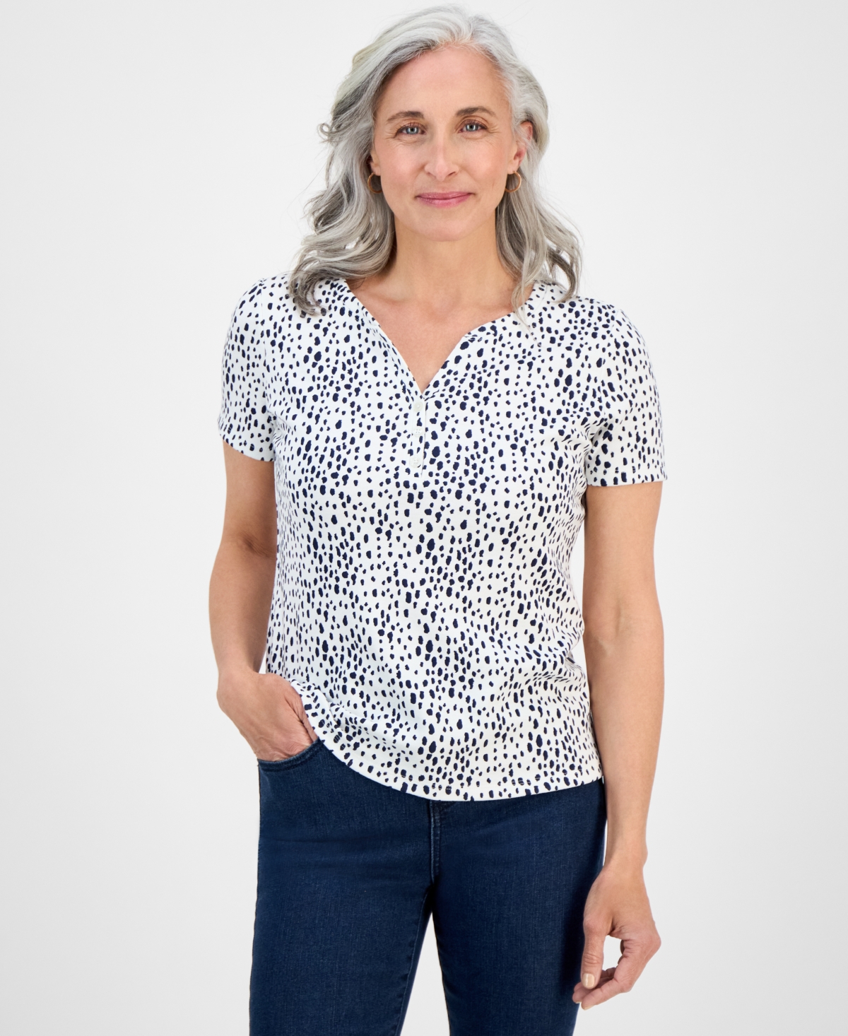 Style & Co Petite Spring Spots Short-sleeve Knit Henley, Exclusively At Macy's