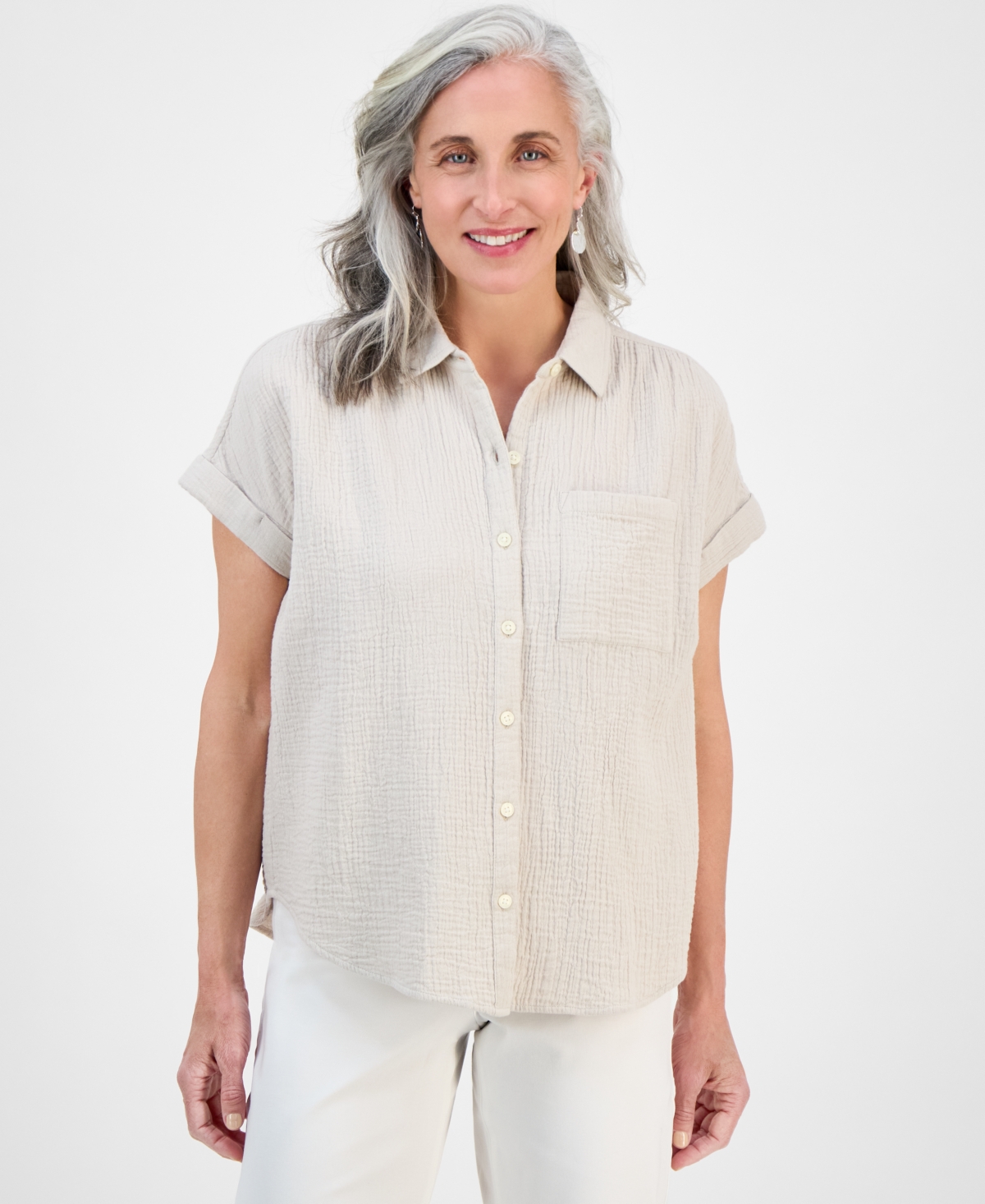 Style & Co Petite Cotton Gauze Camp Shirt, Created For Macy's In Neutral