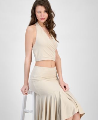 GUESS WOMENS KENZIE CROSSOVER HALTER NECK TOP KENZIE PULL ON FLOUNCE MIDI SKIRT 