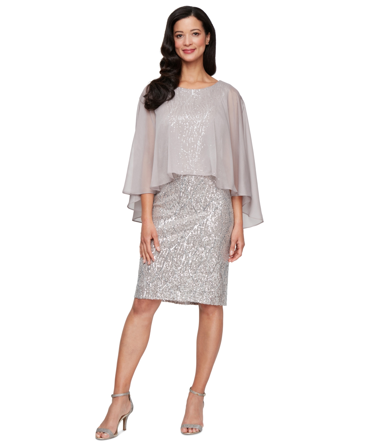 Petite Cape-Overlay Sequin Sheath Dress - Buff