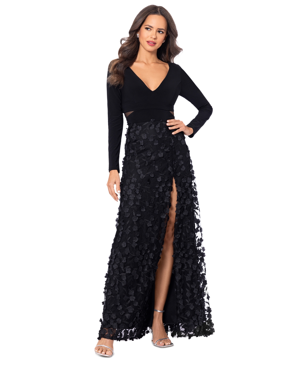 Mesh-Cutout Flower Gown - Black