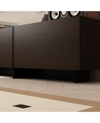 Flip-down 3-door TV stand, black wood media console, multi-purpose entertainment center