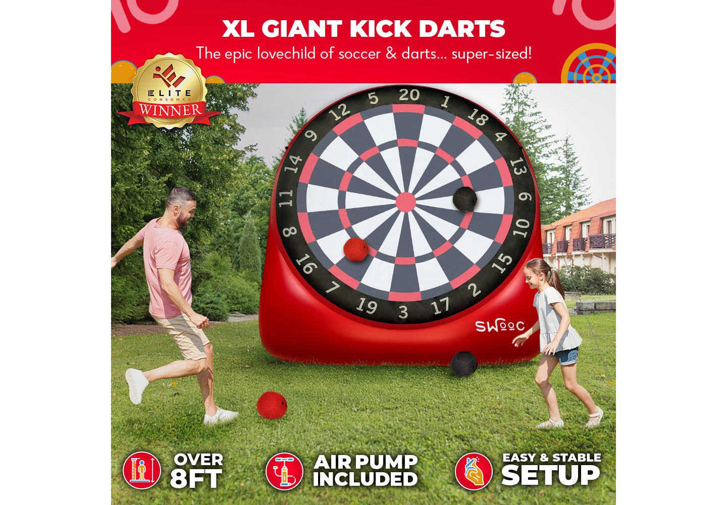 Детские игрушки SWOOC XL Giant Kick Darts (Over 8ft Tall) with 15+ Games Included - Jumbo Soccer Darts w/ Air Pump - Big Inflatable Games — фото 2