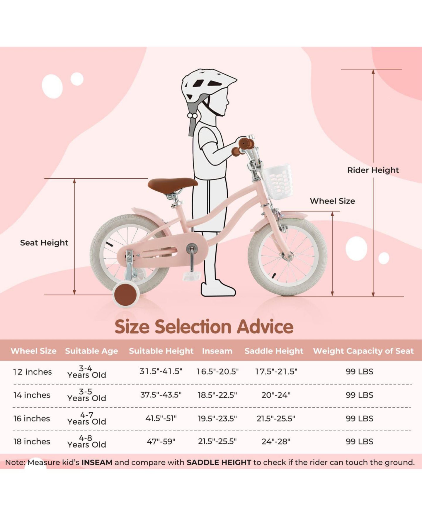 Детская игрушка Costway 14" Removable Training Wheels Adjustable Kids' Bicycle, 3–5 лет, цвет: Розовый — фото 8