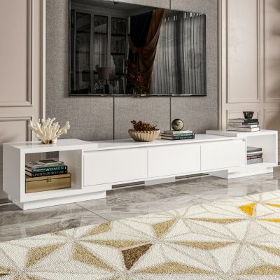 TV stand with two doors and one drawer, media console with six fixed shelves, entertainment center in white wood