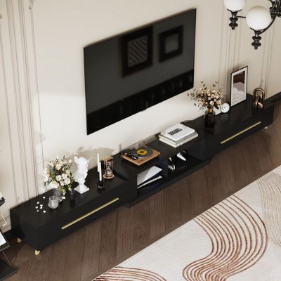 Retractable TV stand with 4 drawers, media console with metal handles and feet, splicable entertainment center