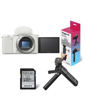 ZV-E10 APS-C Mirrorless Interchangeable Lens Vlogging Camera, White - Bundle with Sony ACCVC1 Vlogger Accessory Kit (Shooting Grip & 64GB)