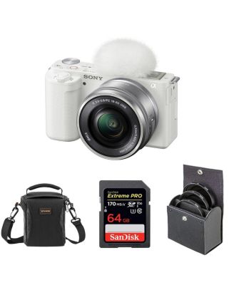Sony ZV-E10 APS-C Mirrorless Interchangeable Lens Vlogging Camera with 16-50mm Lens, White - Bundle with 64GB SD Card, Shoulder Bag, 40.5mm