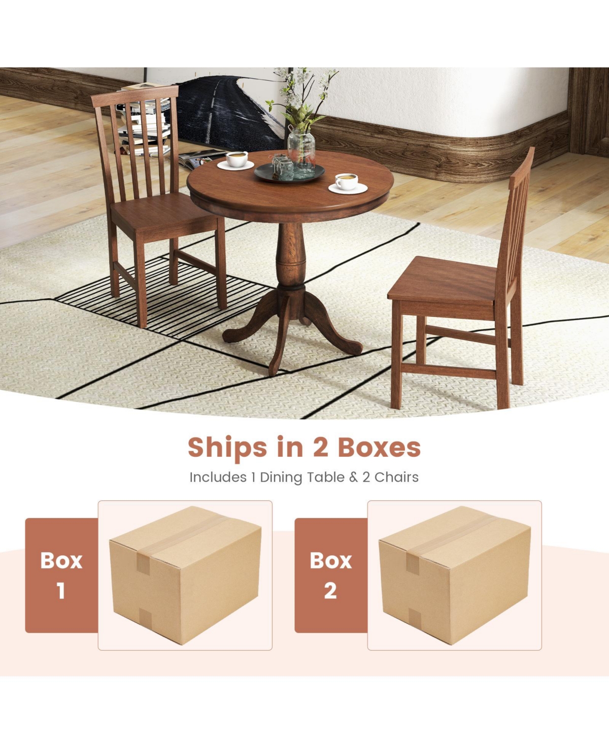 3 Pieces Wooden Dining Table and Chair Set for Cafe Kitchen Living Room