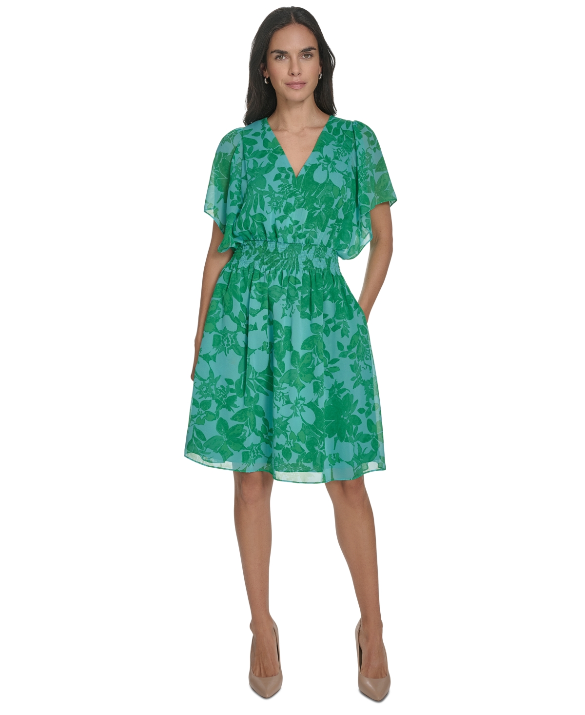 Petite V-Neck Smocked-Waist Chiffon Dress - Green