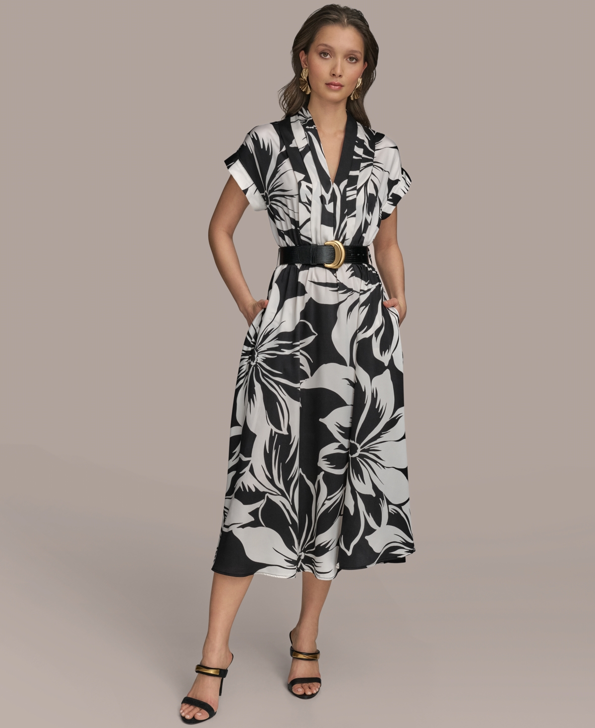 Donna Karan Plus Size Printed Belted A-line Dress In Black Pristine