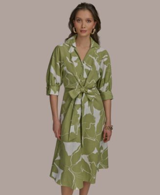 Women's Printed Tie-Front A-Line Linen Dress