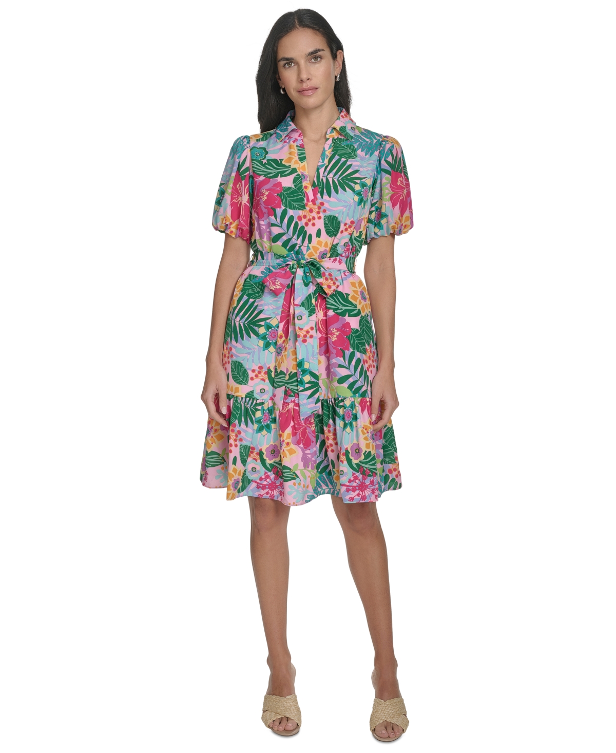 Petite Printed Tie-Waist Fit & Flare Dress - Pink Multi